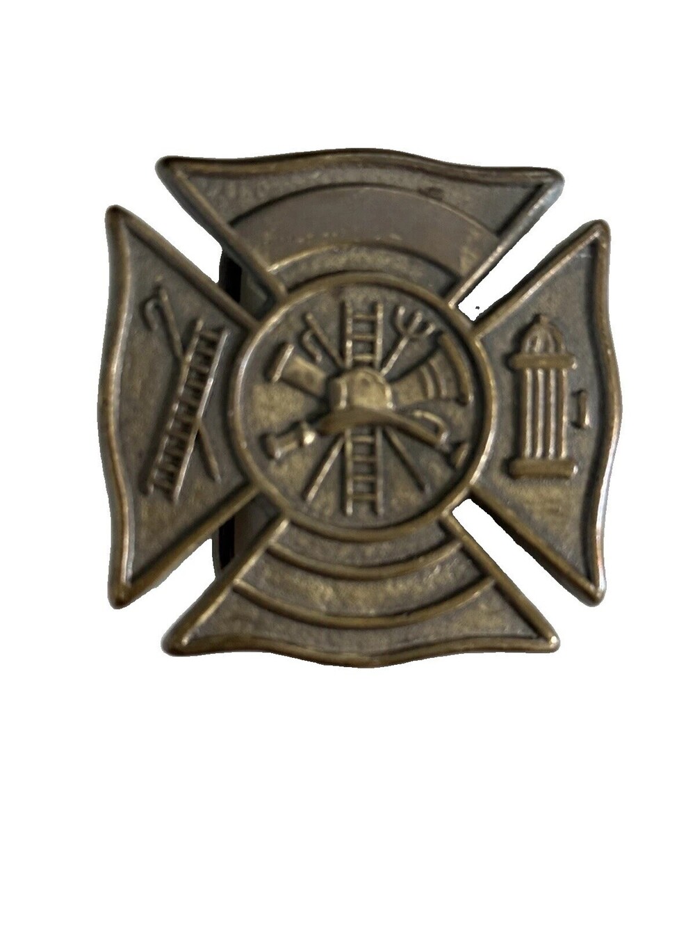 Vintage Firefighter Maltese Cross Belt Buckle Helmet Ladder Hydrant Brass Tone